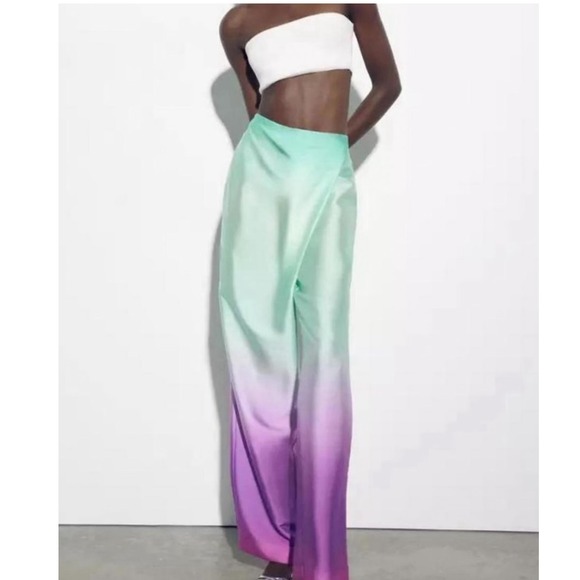 Zara Ombre Satin Pants High Waist Wide Leg Flowy Mint Purple Side Zip XS NWT - Picture 4 of 15